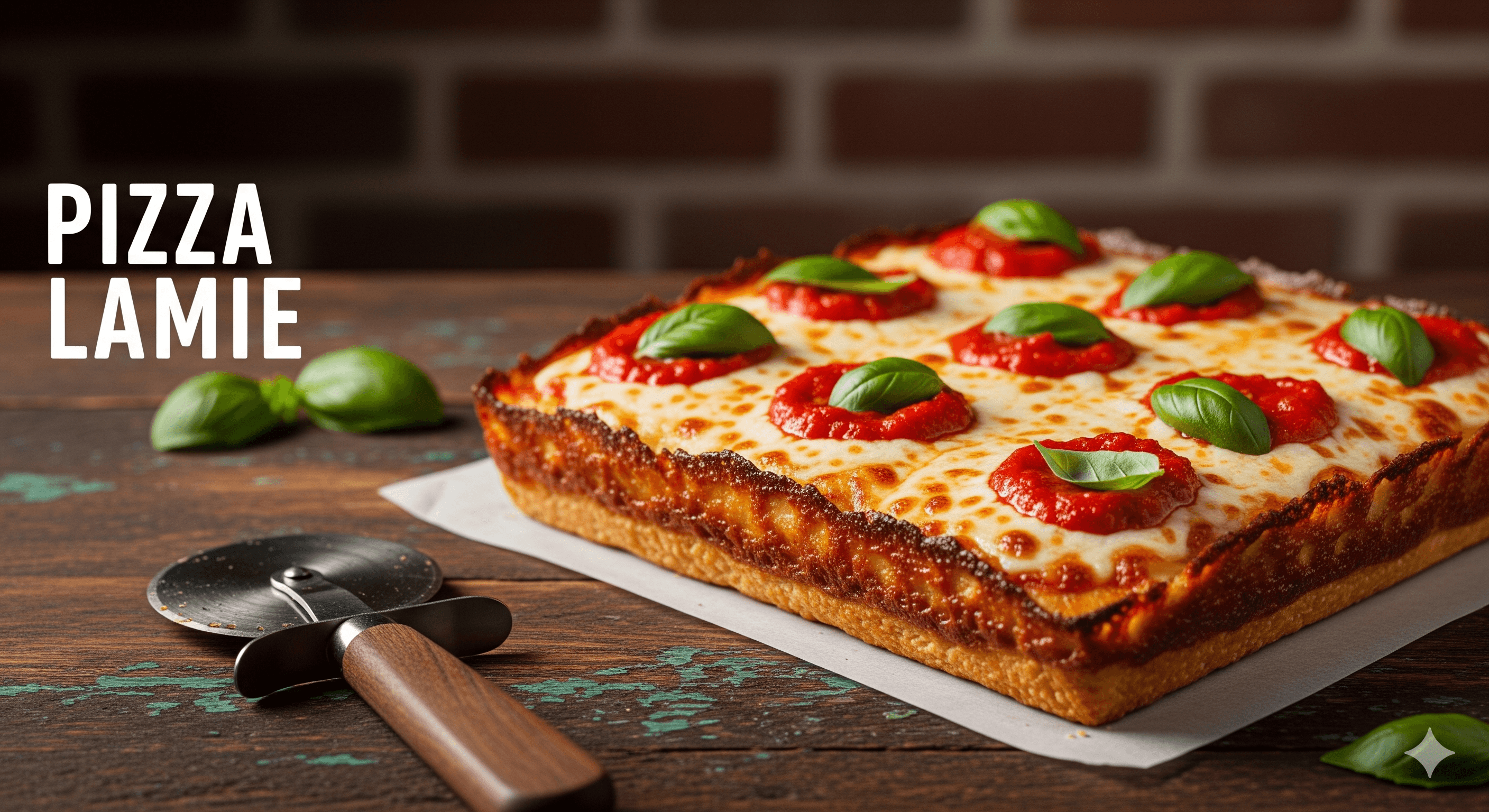 A square Detroit-style Lamie pizza, the Frico cheese crown crisp along every edge